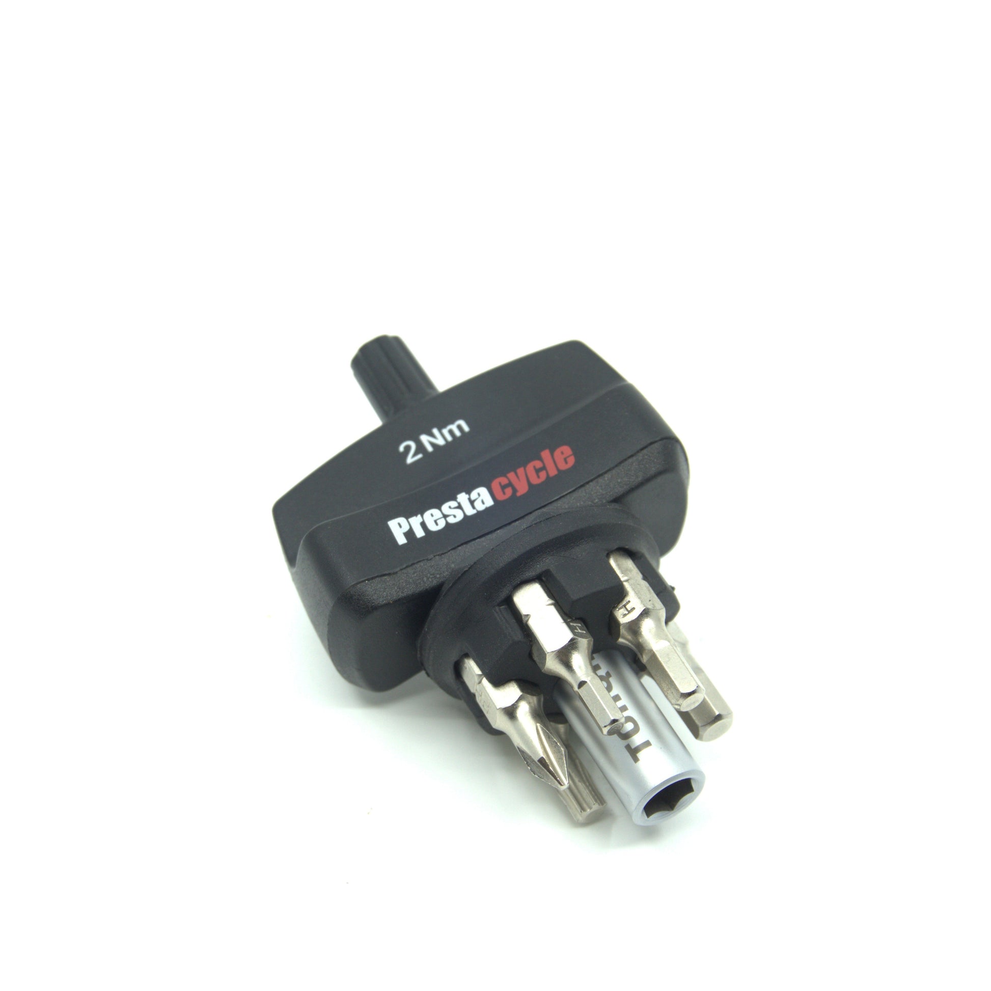 A Prestacycle Mini TorqKeys 2Nm preset torque tool in black, labeled with Prestacycle, shown with six metal bits and a holder on a white background.