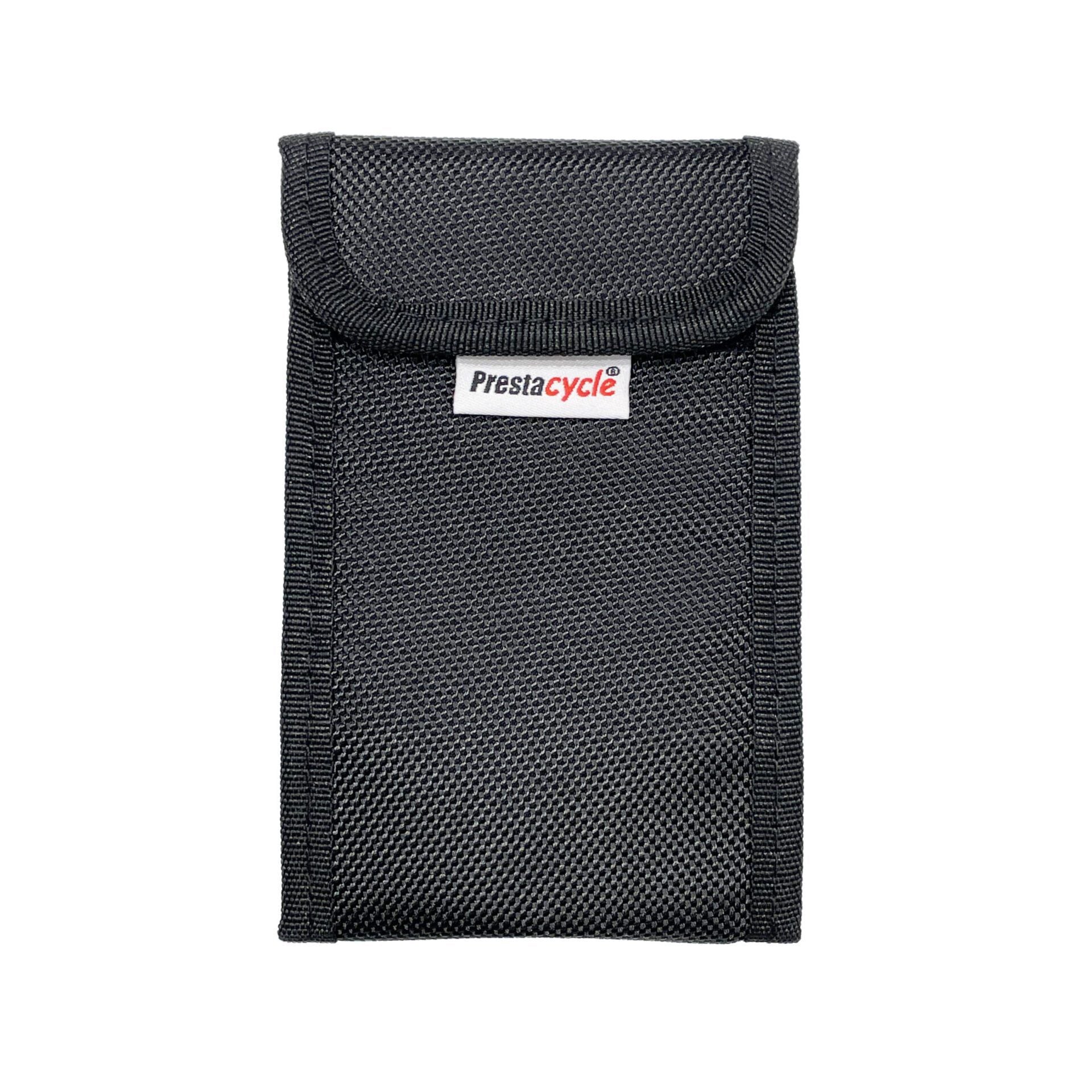 A black, textured pouch with a flap closure and white Prestacycle logo—ideal for carrying the Prestacycle T-Ratchet Pro Wallet Kit, including your tool and S2 Steel Hex Bits.