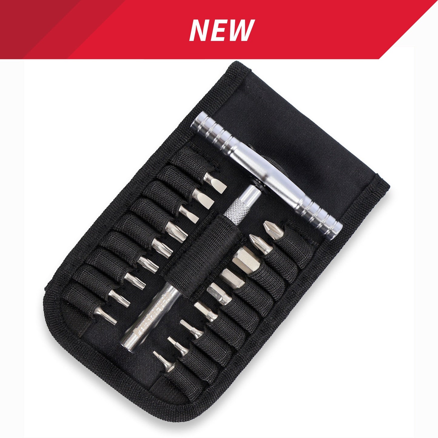 The Prestacycle T-Ratchet Pro Wallet Kit features a compact black case showcasing a silver T-Ratchet Tool handle and neatly organized S2 Steel Hex Bits. NEW is displayed in bold white text on a red banner at the top.