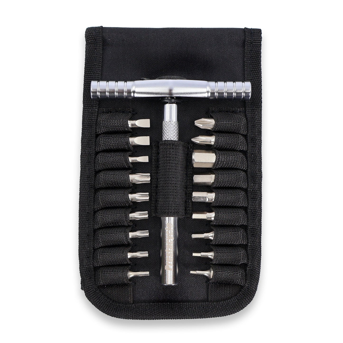 The Prestacycle T-Ratchet Pro Wallet Kit features a black pouch holding a silver reversible T-Ratchet tool and S2 Steel Hex Bits in elastic loops, all neatly organized and visible from a top-down view.