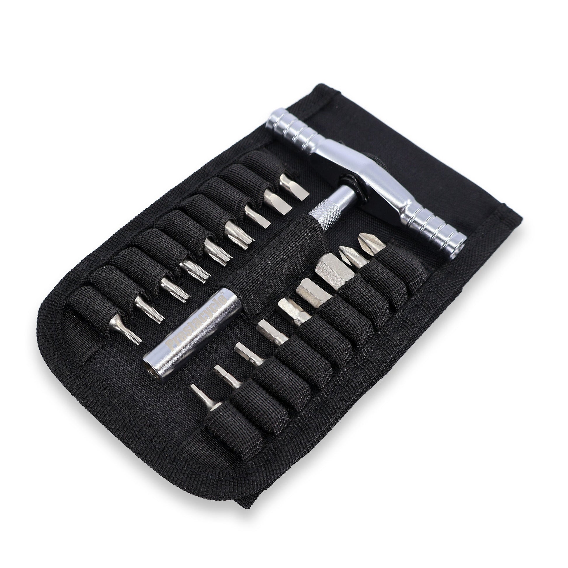 The Prestacycle T-Ratchet Pro Wallet Kit is a compact black pouch with a silver T-Ratchet Tool and assorted S2 Steel Hex Bits, all organized in elastic loops.