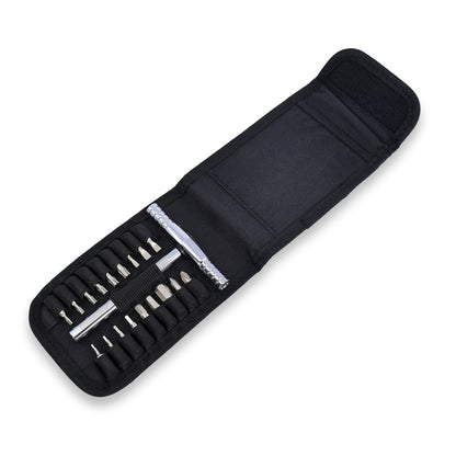 The Prestacycle T-Ratchet Pro Wallet Kit includes a black zippered case containing a metal handle and S2 Steel Hex Bits, with interchangeable pieces all neatly organized in elastic loops for easy access.