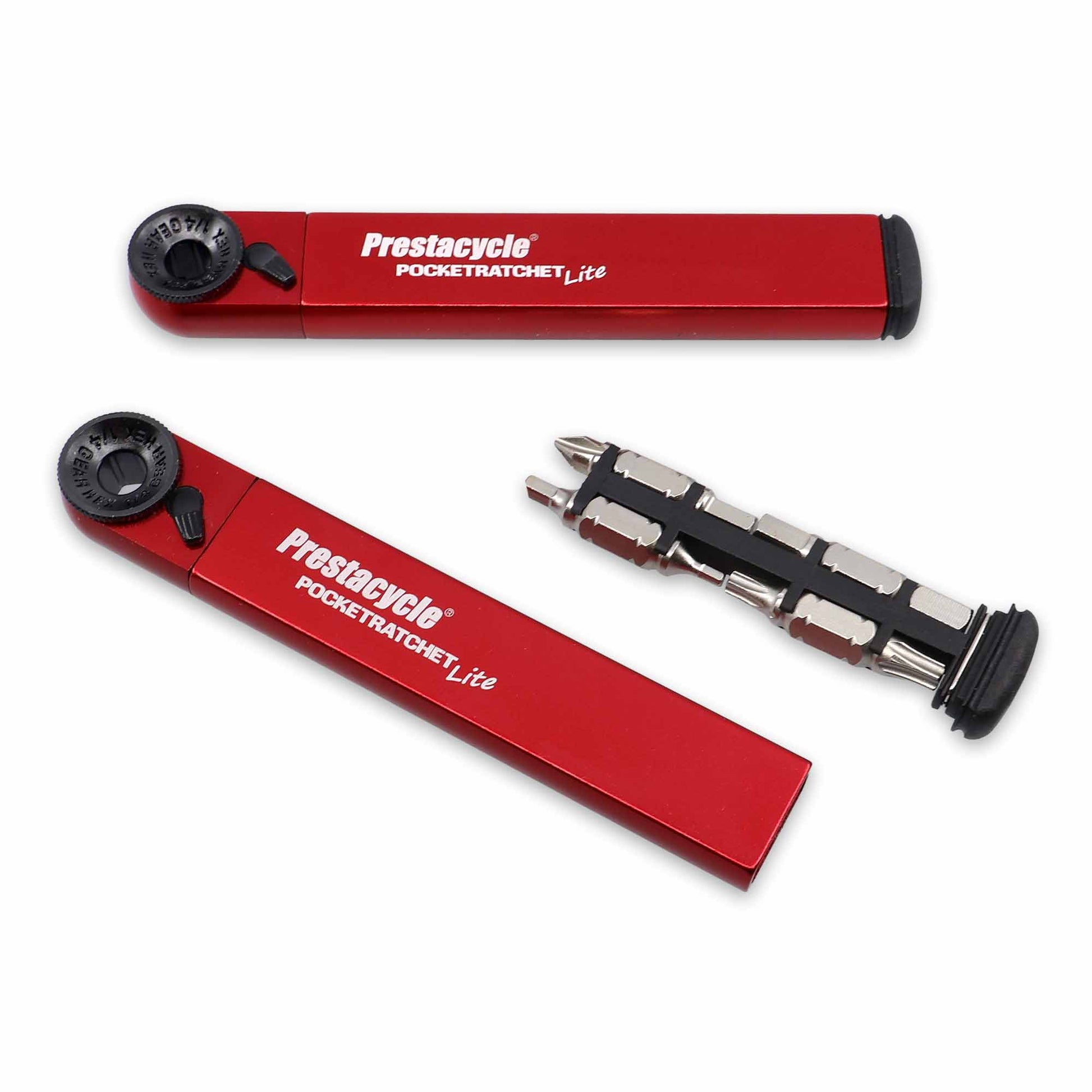 The Prestacycle PocketRatchet Lite multi-tool, shown in red both open and closed, features a black ratchet dial and stores multiple interchangeable bits inside its handle.