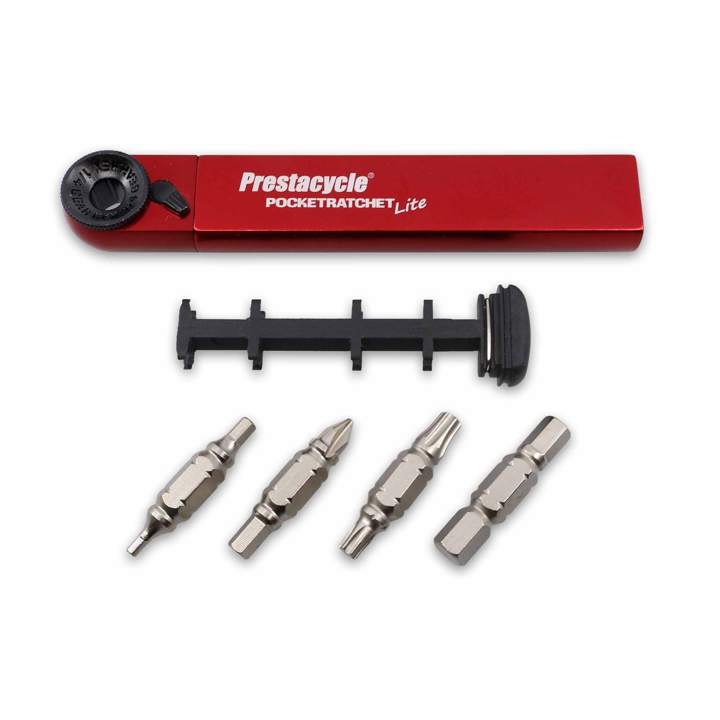 A red Prestacycle PocketRatchet Lite multi-tool with a black dial, black bit holder, and five interchangeable metal bits displayed below on a white background. Bits are stored in the handle for convenience.