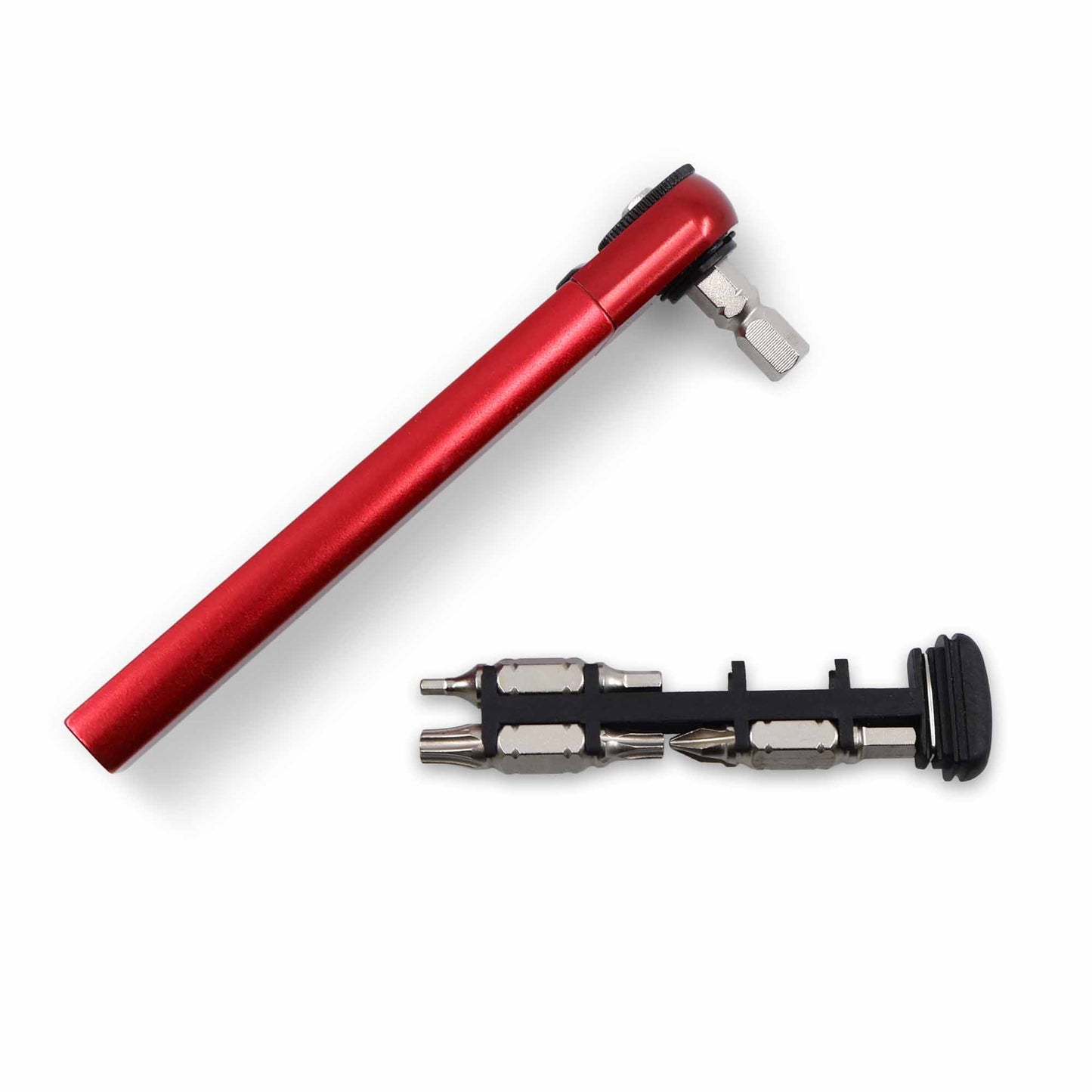 The Prestacycle PocketRatchet Lite is a red handheld multi-tool with a black attachment, featuring multiple interchangeable bits stored in the handle and a reversible ratchet, shown on a white background.