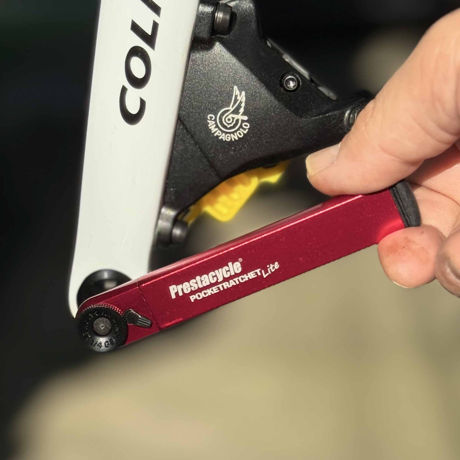 A hand uses the Prestacycle PocketRatchet Lite multi-tool, with bits stored in its handle, to adjust a component on a COLNAGO bicycle frame labeled CAMPAGNOLO.