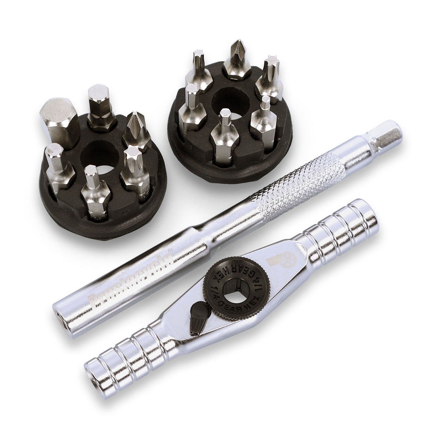 The Prestacycle T-Ratchet Pro Set includes metal tool bits, two round black holders, a textured metal handle, and a reversible ratchet, all arranged on a white background.