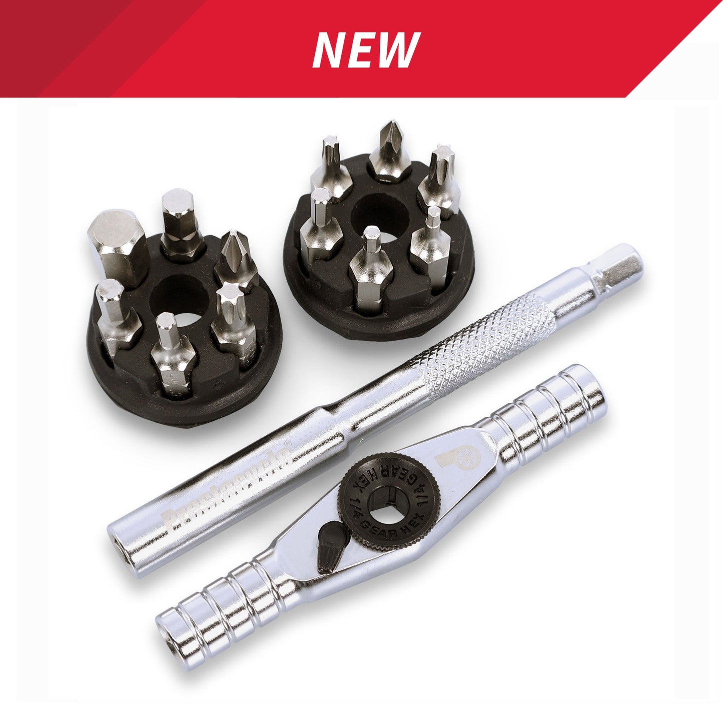 The Prestacycle T-Ratchet Pro Set features metal hand tools, including a tap wrench, T-handle ratchet, and various screwdriver bits in two black holders, all displayed under a red NEW banner.