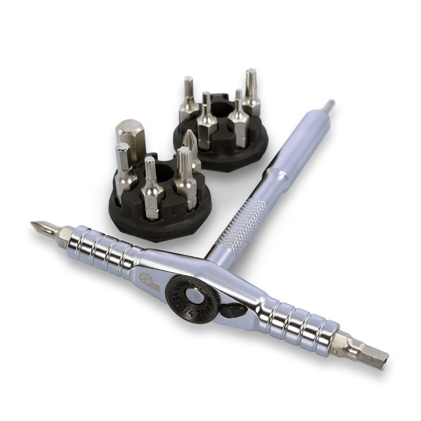 The Prestacycle T-Ratchet Pro Set features a metal T-handle ratchet screwdriver with interchangeable bits and two black bit holders, displayed on a white background—a versatile addition to any toolkit.
