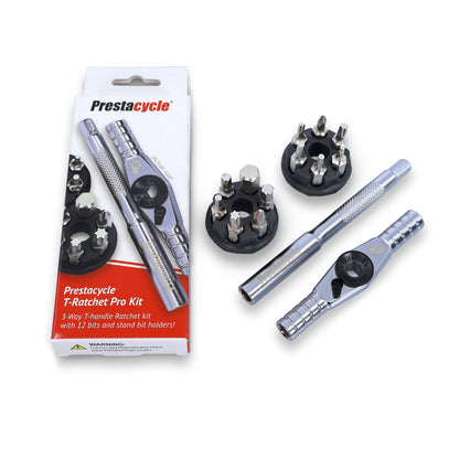 The image features the Prestacycle T-Ratchet Pro Set with a reversible ratchet handle, two round bit holders containing assorted bits, and packaging that displays an image of the set along with product details.