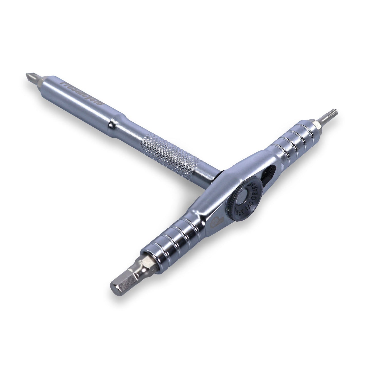 The Prestacycle T-Ratchet Pro Set is a metallic, T-shaped multi-tool with interchangeable bits and a central rotating mechanism, designed for versatile use in various mechanical tasks.