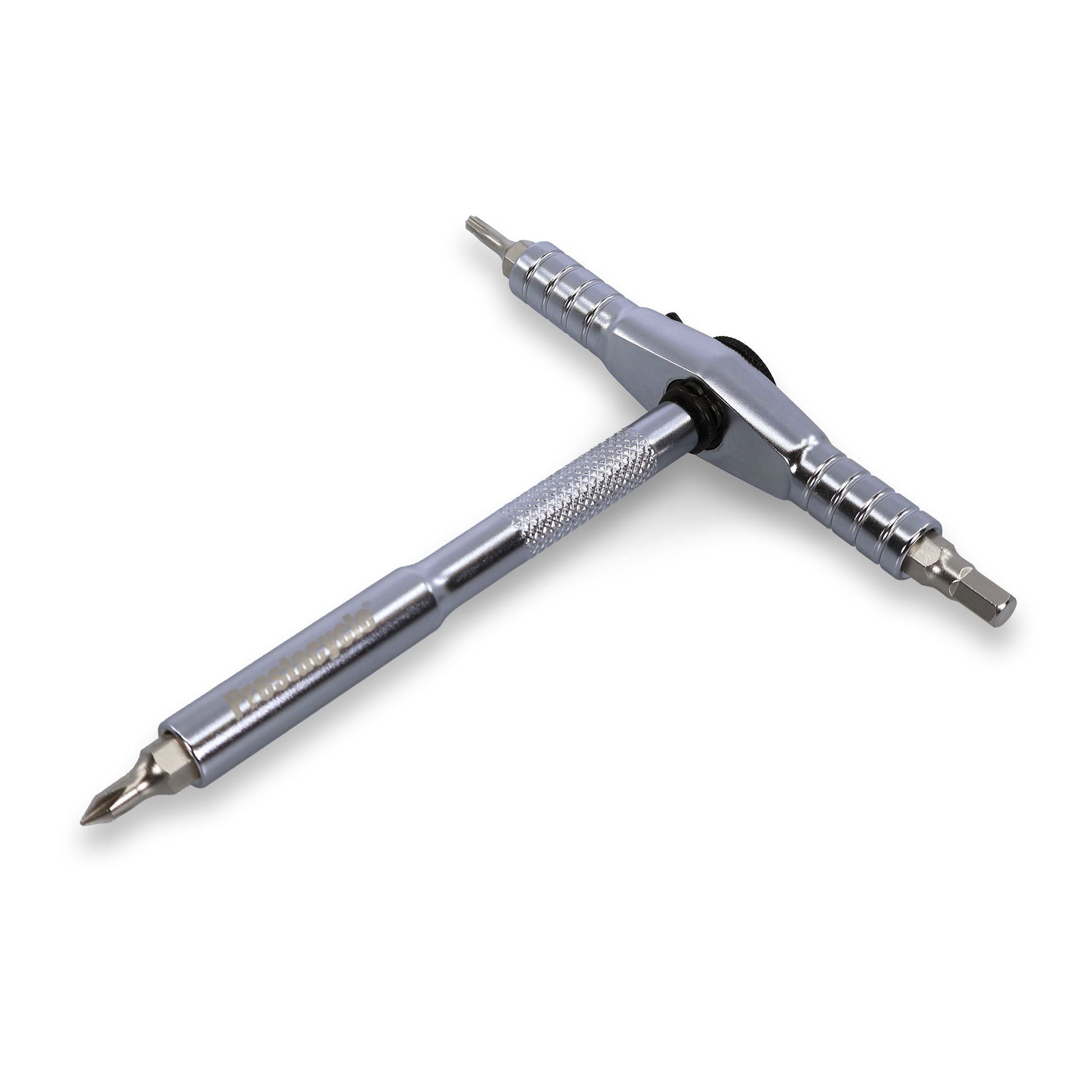 The Prestacycle T-Ratchet Pro Set is a metal T-handle ratchet screwdriver featuring a knurled grip and interchangeable bits on both ends, shown against a white background.