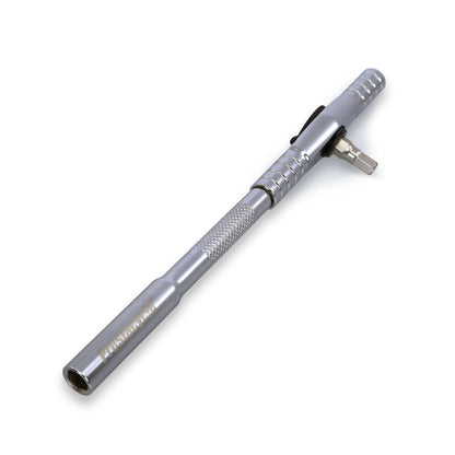 The Prestacycle T-Ratchet Pro Set is shown with a knurled silver T-handle and a hex bit inserted at the center, designed for interchangeable bits. The tool is displayed on a white background.