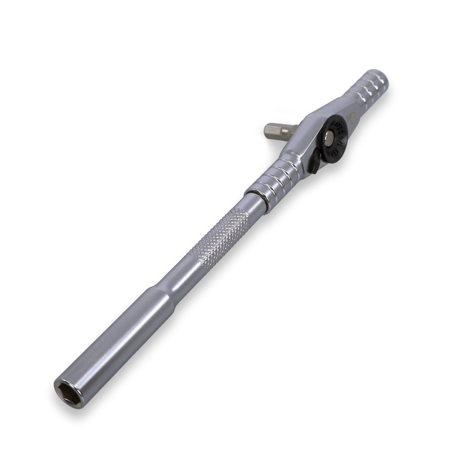 The Prestacycle T-Ratchet Pro Set is shown on a white background, featuring a silver reversible ratchet with a knurled grip handle and a rotating head.