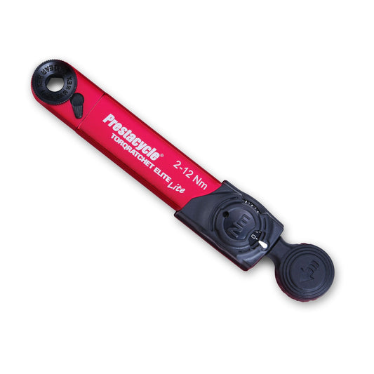 The Prestacycle TorqRatchet ELITE Lite is a portable 2~12Nm torque multi-tool ratchet in red, featuring a black reversible ratchet and adjustment dial for precise torque adjustments.