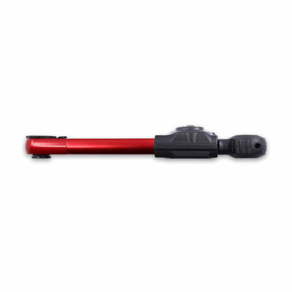 The Prestacycle TorqRatchet ELITE Lite, a portable 2~12Nm torque multi-tool ratchet, is shown with a compact hand-held bicycle pump featuring a red metallic barrel and black handle against a white background.