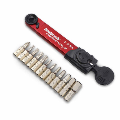 The Prestacycle TorqRatchet ELITE Lite is a red and black portable 2~12Nm torque multi-tool ratchet, shown with 10 assorted screwdriver bits arranged neatly beside it on a white background.
