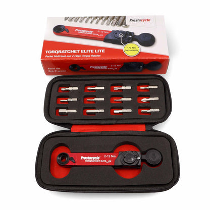 The Prestacycle TorqRatchet ELITE Lite - Portable 2~12Nm Torque Multi-tool Ratchet is shown open, displaying a red reversible ratchet and silver bits in a black and red foam case, with the product box in the background.