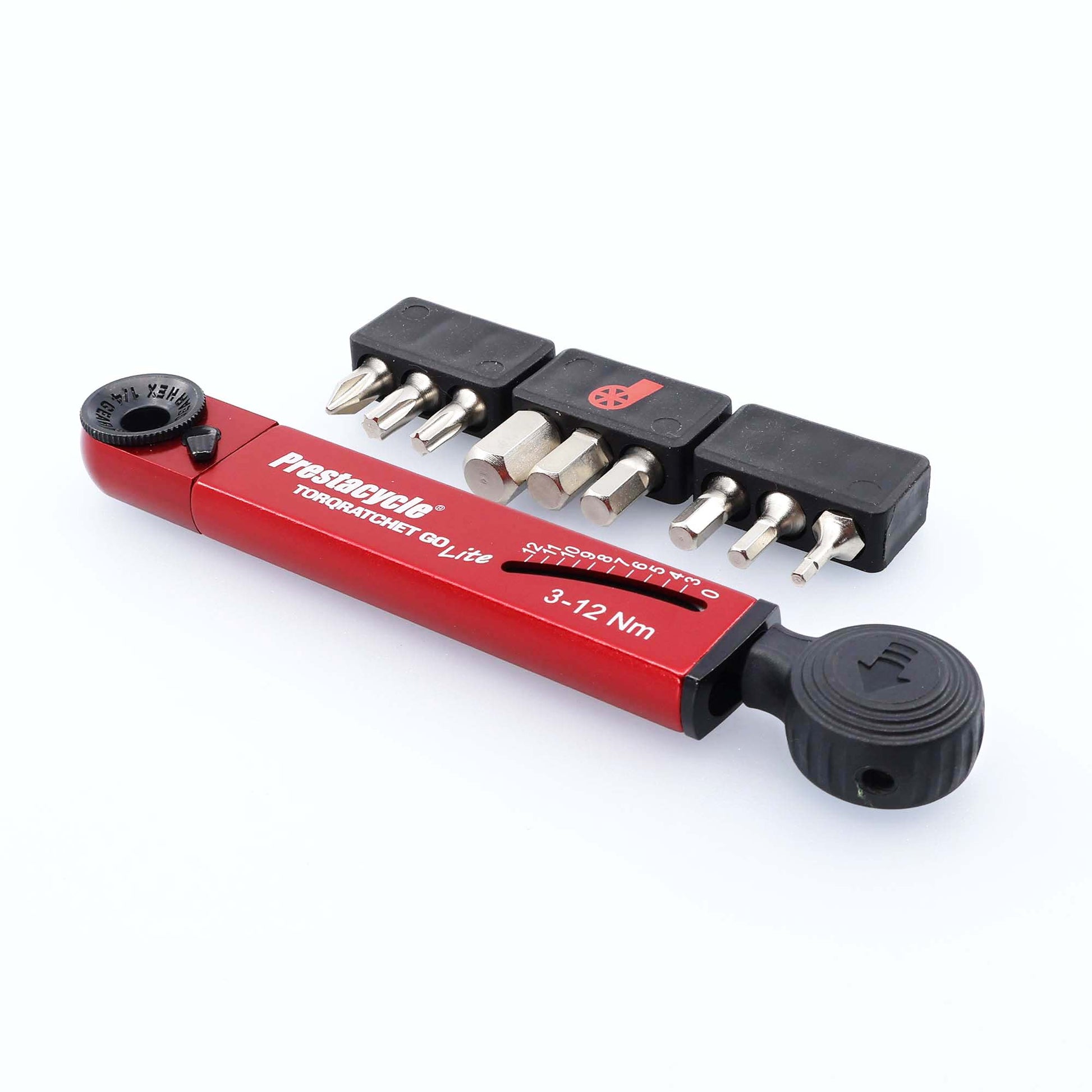 Prestacycle TorqRatchet GO Lite - A red and black torque multi-tool ratchet with a black knob and red handle, labeled for 3-12Nm