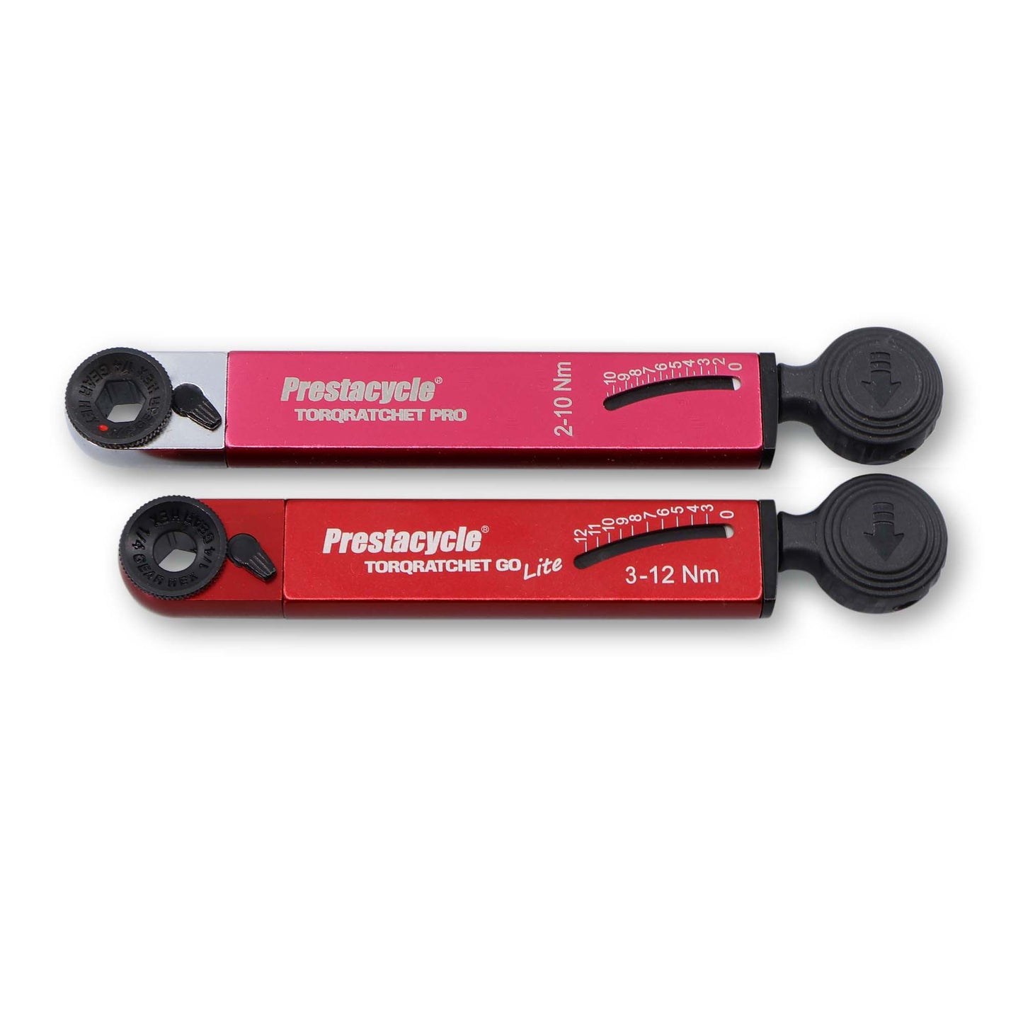 Prestacycle TorqRatchet GO Lite - A red and black torque multi-tool ratchet with a black knob and red handle, labeled for 3-12Nm