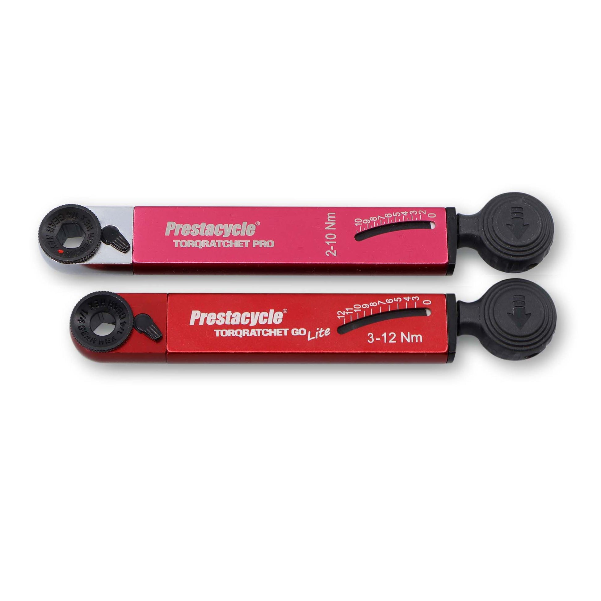 Prestacycle TorqRatchet GO Lite - A red and black torque multi-tool ratchet with a black knob and red handle, labeled for 3-12Nm