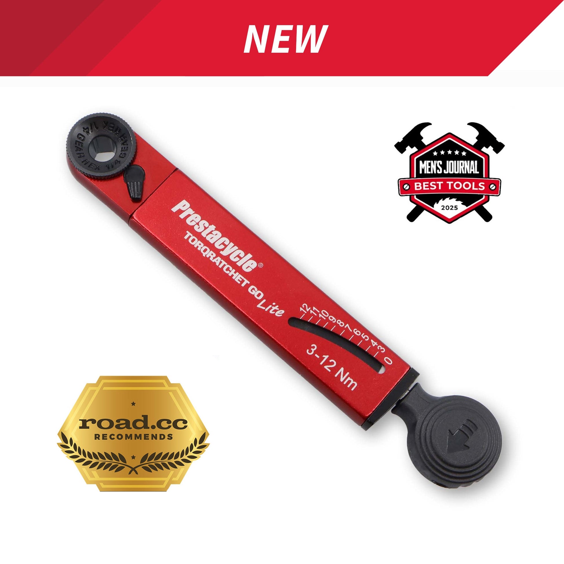 A red Prestacycle TorqRatchet GO Lite - Portable 3~12Nm Torque Multi-tool Ratchet is shown with a reversible ratchet, award badges from Men's Journal and road.cc, and a NEW banner at the top.