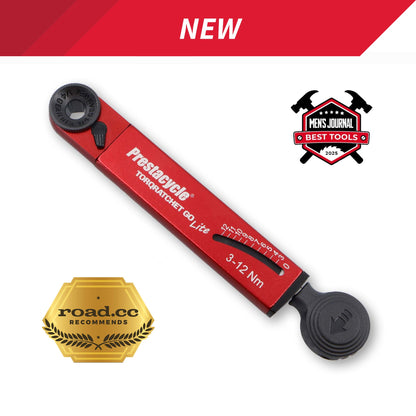 A red Prestacycle TorqRatchet GO Lite - Portable 3~12Nm Torque Multi-tool Ratchet is shown with a reversible ratchet, award badges from Men's Journal and road.cc, and a NEW banner at the top.