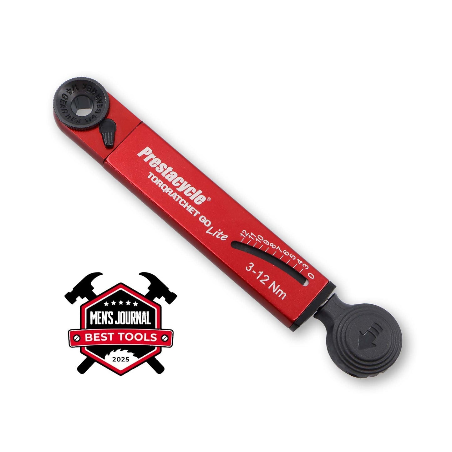 The Prestacycle TorqRatchet GO Lite, a compact 3~12Nm portable torque multi-tool ratchet, is shown diagonally with a Mens Journal Best Tools 2025 badge featuring crossed hammers—ideal for cyclists needing precise adjustments.